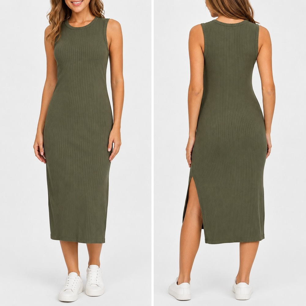 Sanctuary Olive Green Ribbed Sleeveless Midi Dress Women's Medium NWT Side Slit
